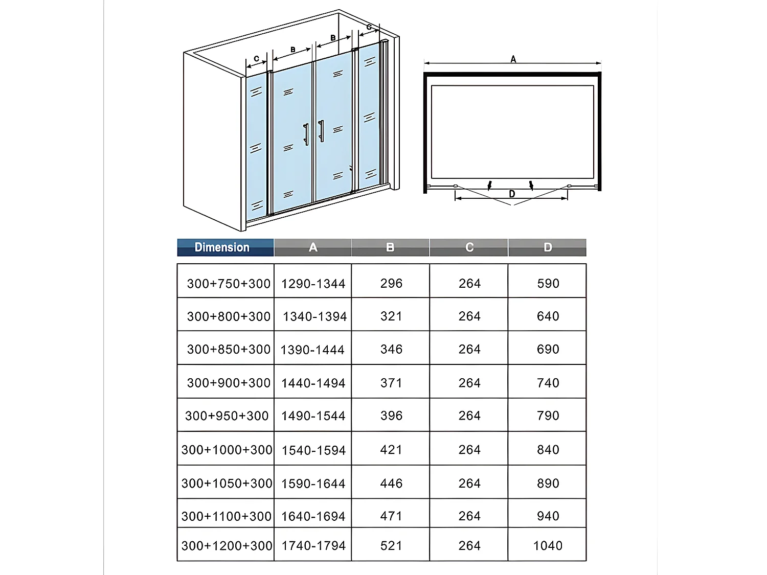 Porte de douche battante H.187cm largeur réglable 159 à 164.4cm, paroi pivotante 180° - Avec 2 éléments fixes - 6mm verre transparent