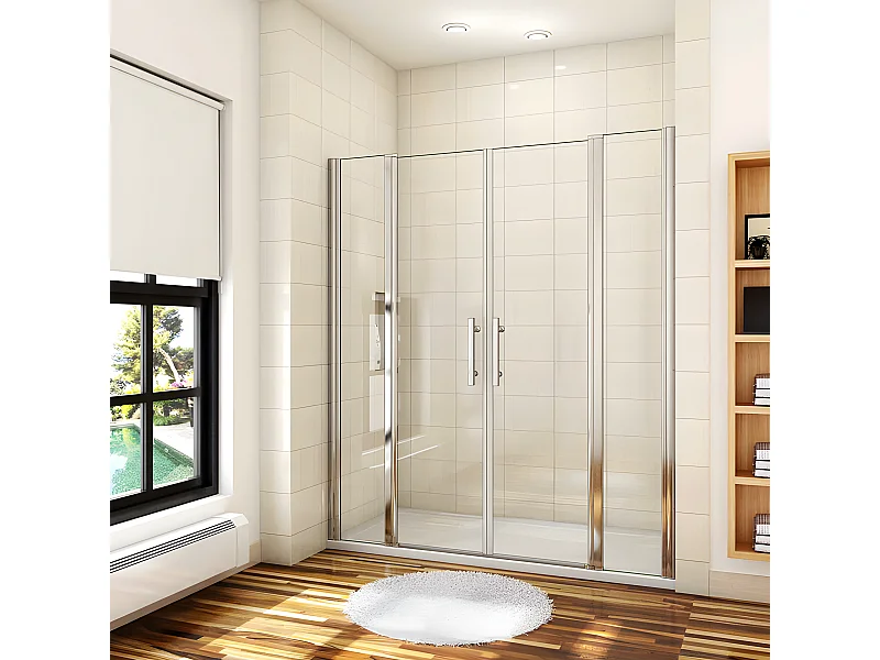 Porte de douche battante H.187cm largeur réglable 159 à 164.4cm, paroi pivotante 180° - Avec 2 éléments fixes - 6mm verre transparent