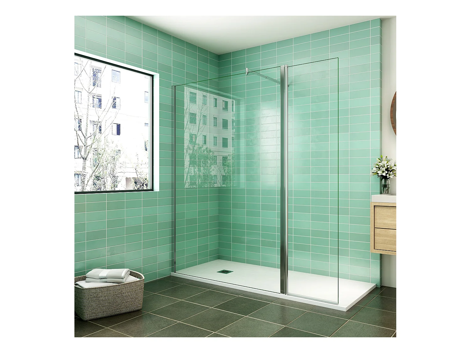 Paroi de douche à l'italienne 160x200cm avec retour pivotant 50x200cm - Verre securit - Avec barre de fixation 70-120cm en cylindrique