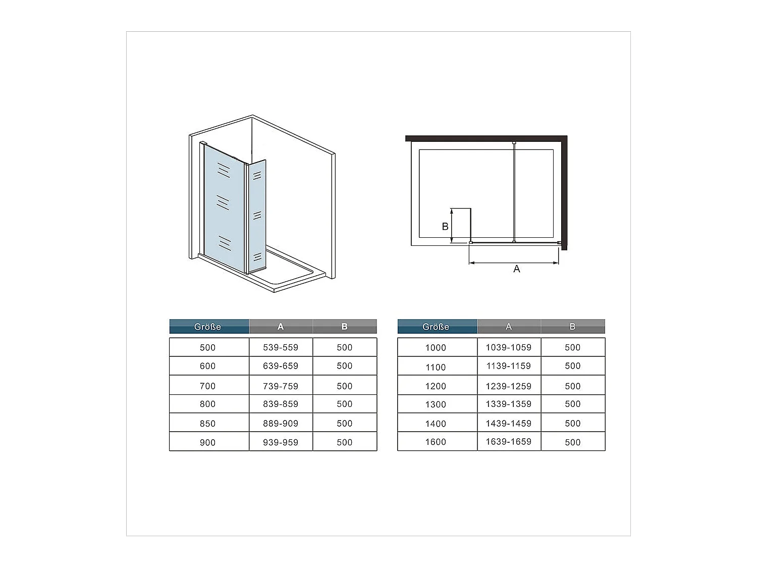 Paroi de douche à l'italienne 160x200cm avec retour pivotant 50x200cm - Verre securit - Avec barre de fixation 70-120cm en cylindrique
