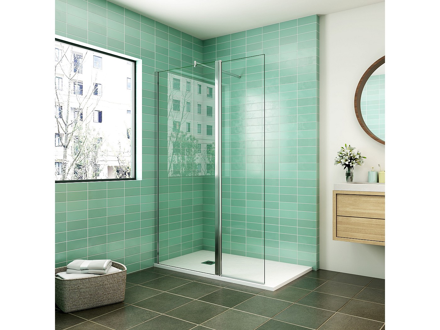 Paroi de douche 90x200cm avec retour pivotant 50x200cm en verre securit