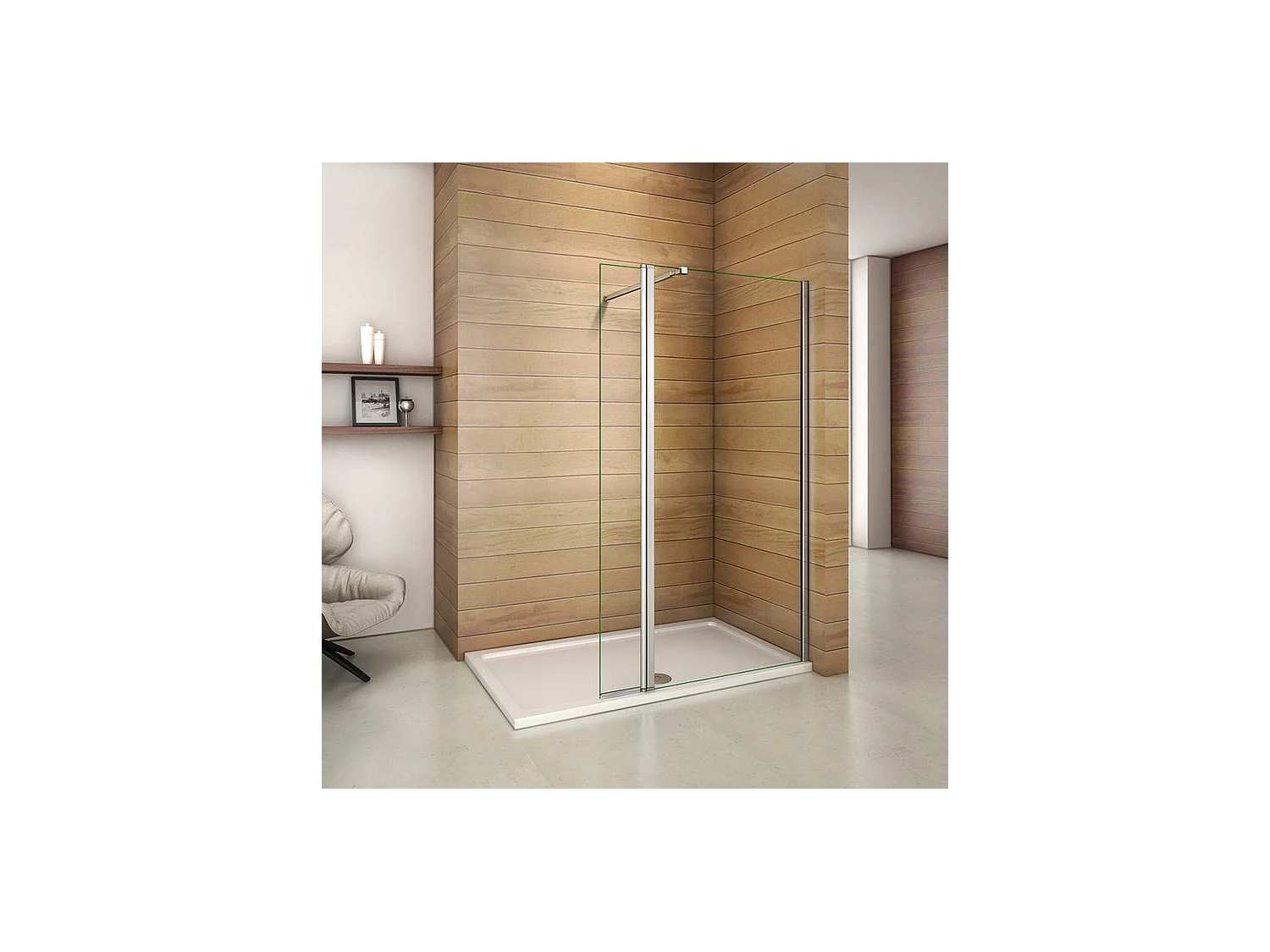 Paroi de douche à l'italienne 90+40x200cm avec retour pivotant - Verre 8mm trempé - Avec barre de fixation 73-120cm en carré