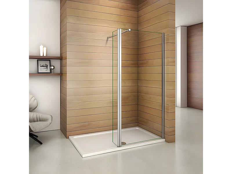 Paroi de douche à l'italienne 50+40x200cm avec retour pivotant - Verre 8mm trempé - Avec barre de fixation 73-120cm en carré