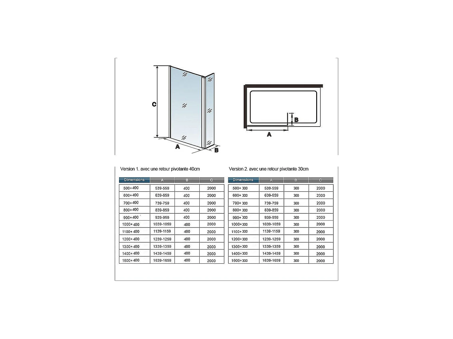 Paroi de douche à l'italienne avec retour pivotant 160+30x200cm avec barre de fixation 90cm en carré - Noir Mat - 8mm verre anticalcaire