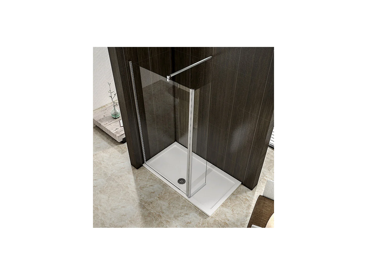 Paroi de douche à l'italienne 60+30x200cm avec retour pivotant - Verre 8mm trempé - Avec barre de fixation 140cm en carré