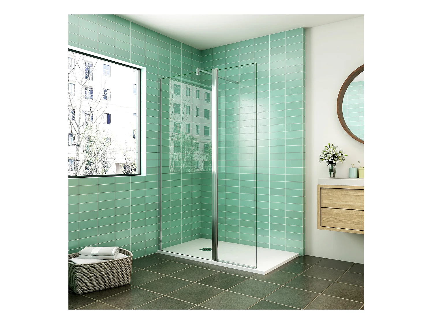 Paroi de douche à l'italienne 70x200cm avec retour pivotant 50x200cm - Verre securit - Avec barre de fixation carrée 90cm