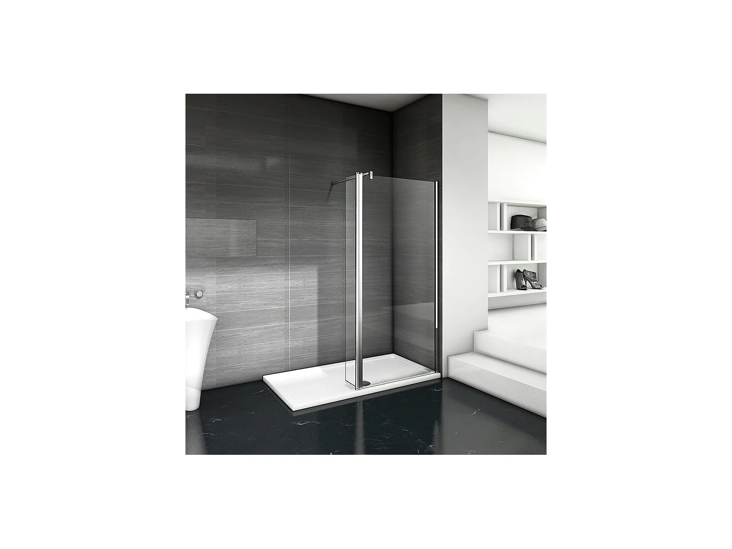 Paroi de douche à l'italienne 90+40x200cm avec retour pivotant - Verre 8mm trempé - Avec barre de fixation 140cm en carré
