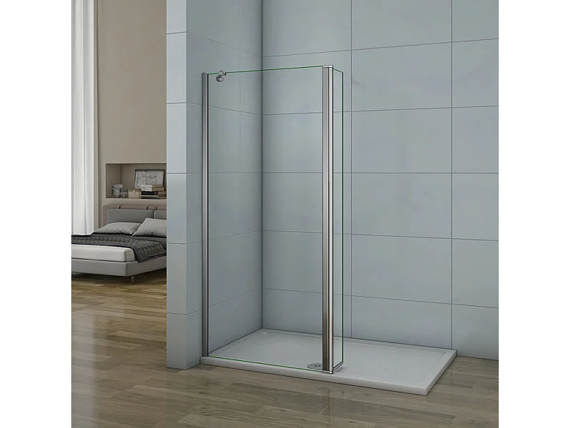 Paroi de douche à l'italienne 70+30x200cm avec retour pivotant - Verre 8mm trempé - Avec barre de fixation d'angle 45cm