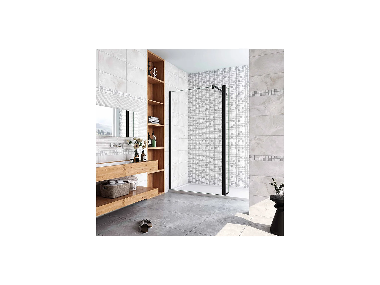Paroi de douche à l'italienne avec retour pivotant 110+30x200cm avec barre de fixation 90cm en carré - Noir Mat - 8mm verre anticalcaire