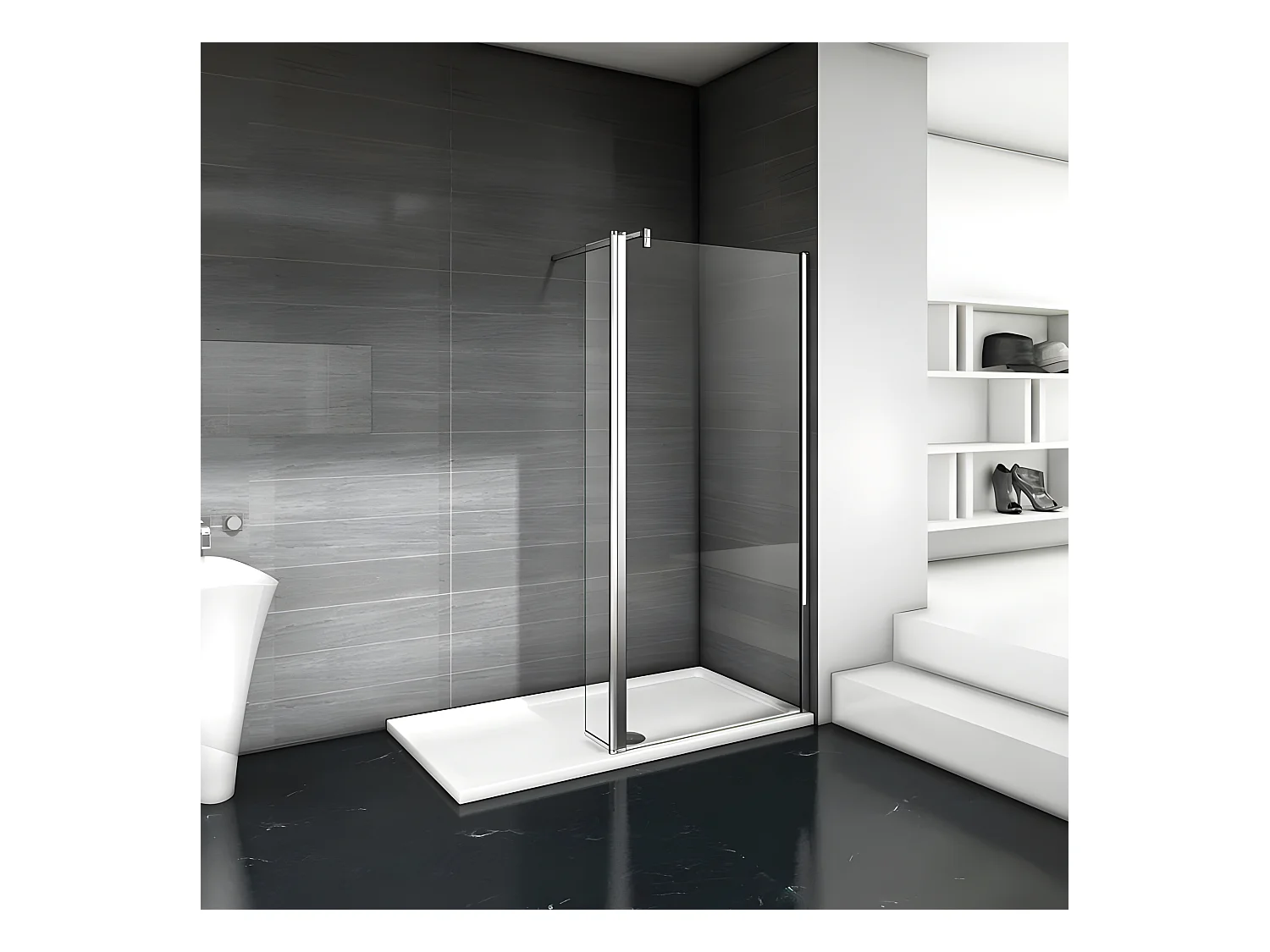 Paroi de douche à l'italienne 100+40x200cm avec retour pivotant - Verre 8mm trempé - Avec barre de fixation 140cm en carré