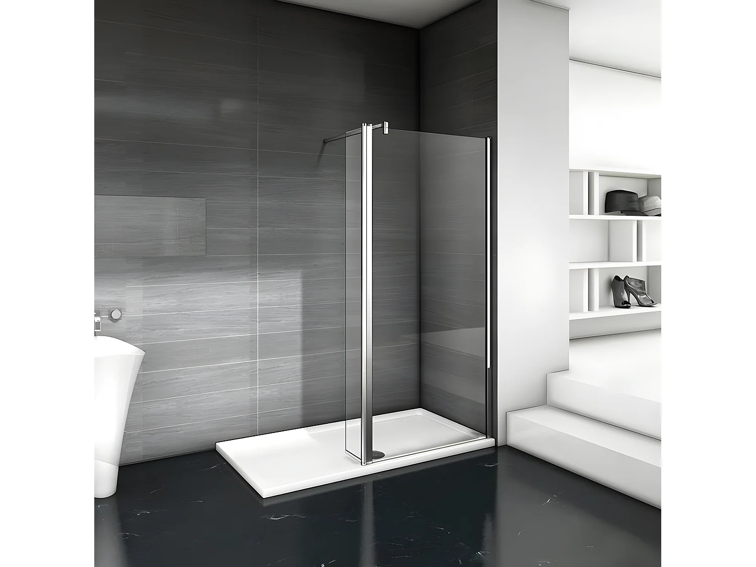 Paroi de douche à l'italienne 100+40x200cm avec retour pivotant - Verre 8mm trempé - Avec barre de fixation 140cm en carré