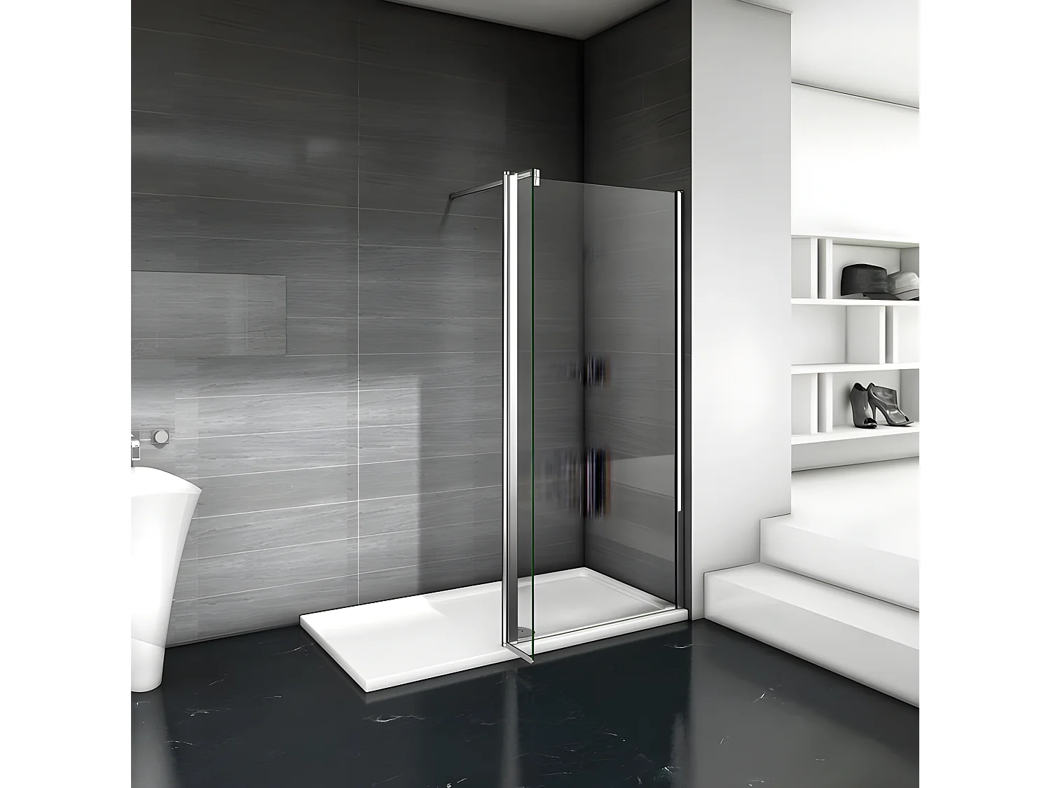 Paroi de douche à l'italienne 100+40x200cm avec retour pivotant - Verre 8mm trempé - Avec barre de fixation 140cm en carré