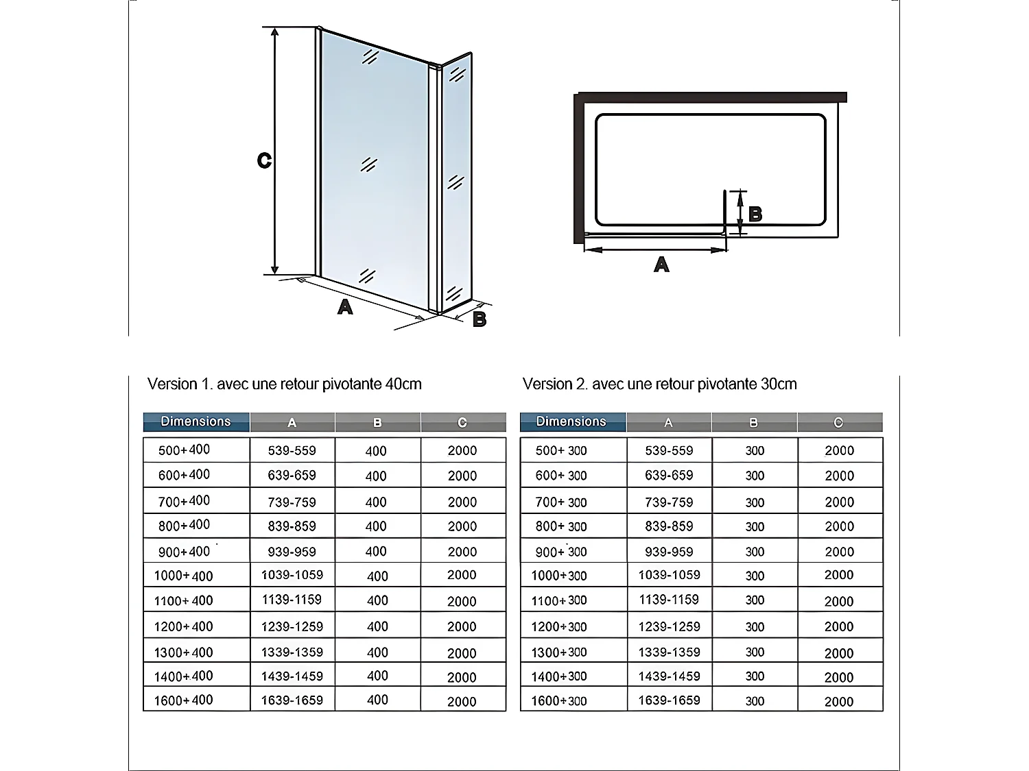 Paroi de douche à l'italienne 100+40x200cm avec retour pivotant - Verre 8mm trempé - Avec barre de fixation 140cm en carré