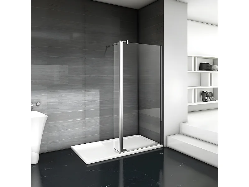 Paroi de douche à l'italienne 100+40x200cm avec retour pivotant - Verre 8mm trempé - Avec barre de fixation 140cm en carré