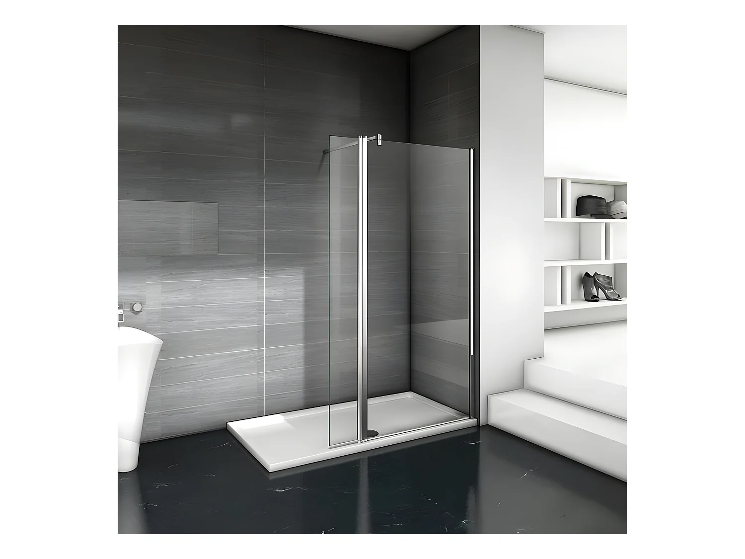 Paroi de douche à l'italienne 120+40x200cm avec retour pivotant - Verre 8mm trempé - Avec barre de fixation 140cm en carré