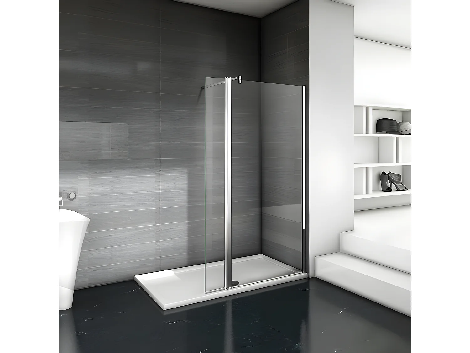 Paroi de douche à l'italienne 120+40x200cm avec retour pivotant - Verre 8mm trempé - Avec barre de fixation 140cm en carré