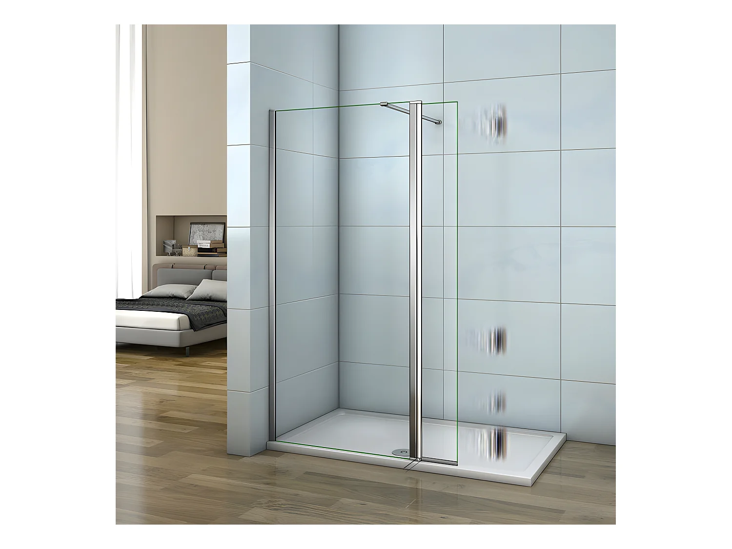 Paroi de douche à l'italienne 40+30x200cm avec retour pivotant - Verre 8mm trempé - Avec barre de fixation 140cm recoupable