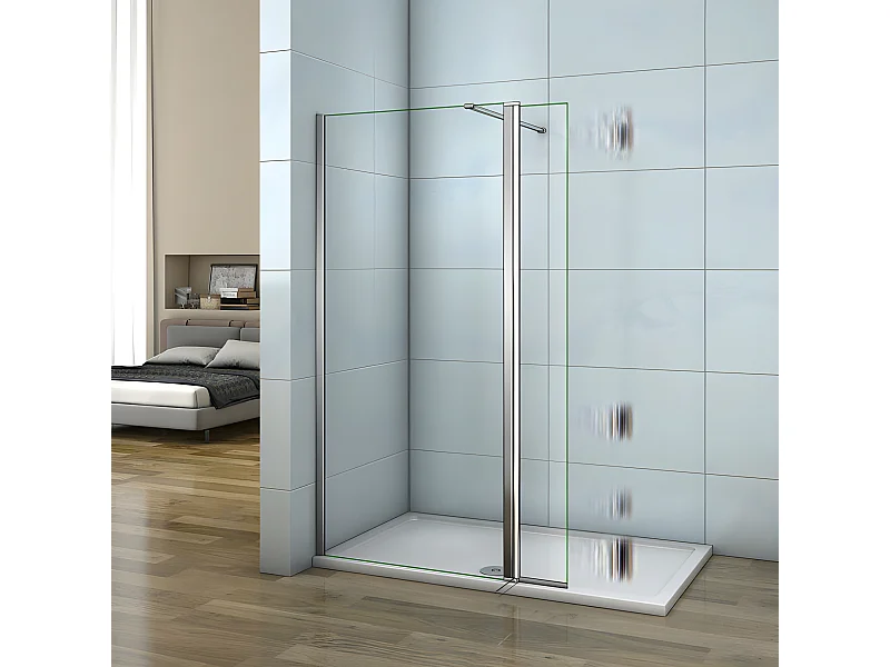 Paroi de douche à l'italienne 40+30x200cm avec retour pivotant - Verre 8mm trempé - Avec barre de fixation 140cm recoupable