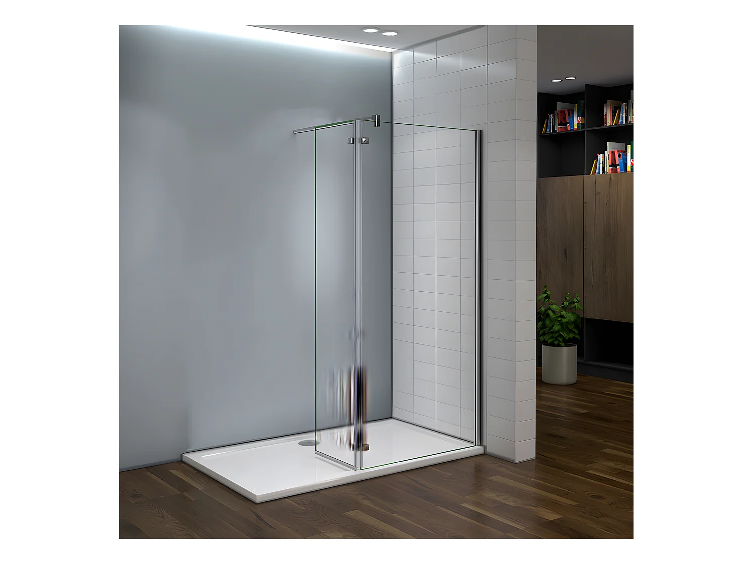 Paroi de douche fixe à l'italienne avec retour pivotant 100+40x200cm, charnières, avec barre de fixation 140cm en carré