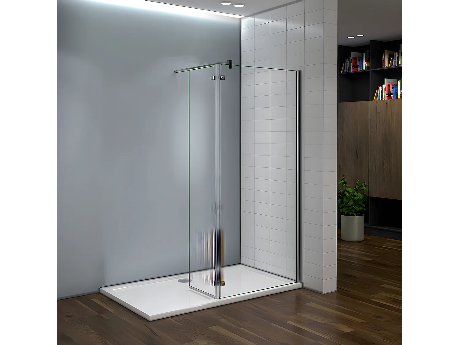 Paroi de douche fixe à l'italienne avec retour pivotant 100+40x200cm, charnières, avec barre de fixation 140cm en carré