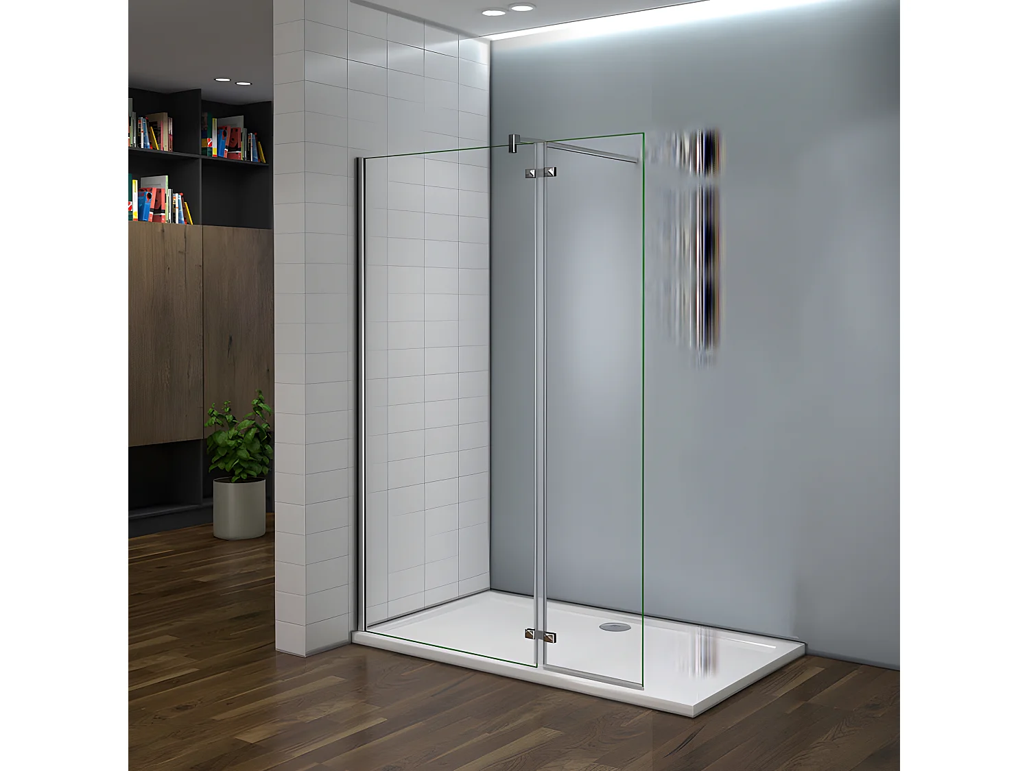 Paroi de douche fixe à l'italienne avec retour pivotant 100+40x200cm, charnières, avec barre de fixation 140cm en carré