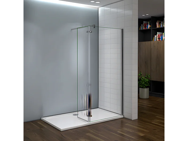 Paroi de douche fixe à l'italienne avec retour pivotant 100+40x200cm, charnières, avec barre de fixation 140cm en carré