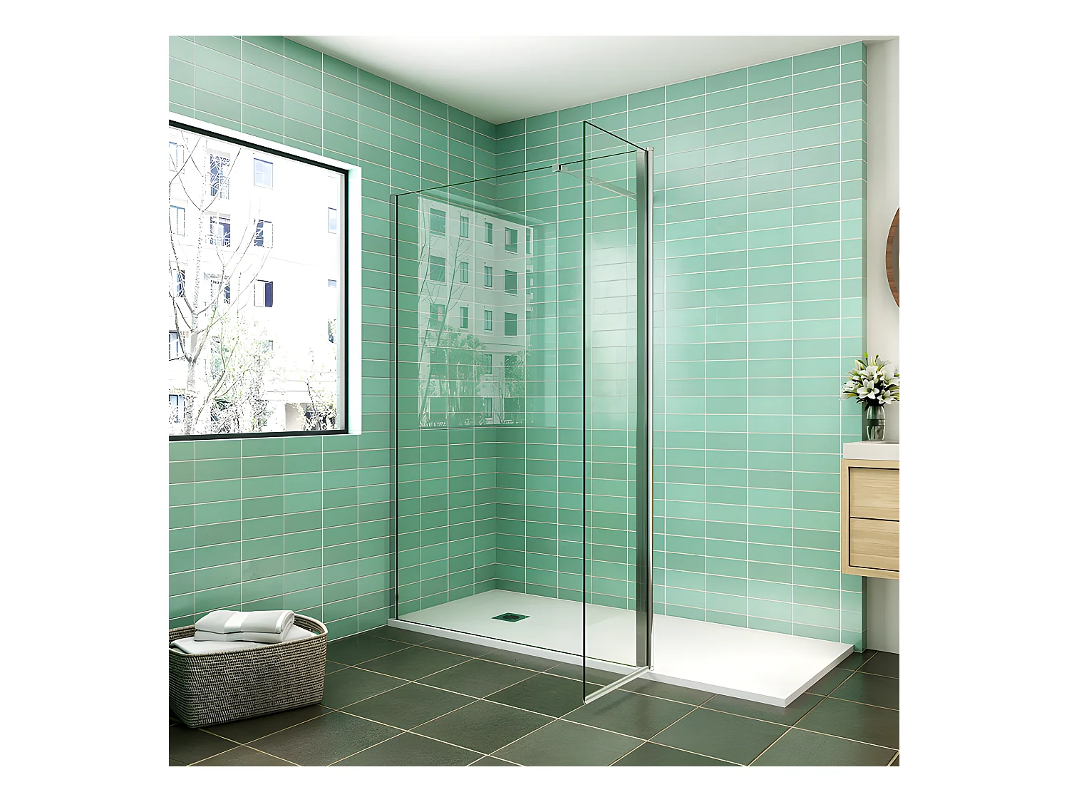 Paroi de douche à l'italienne 120x200cm avec retour pivotant 50x200cm - Verre securit - Avec barre de fixation 73-120cm en carré