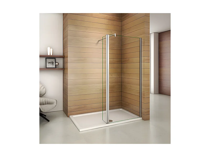 Paroi de douche à l'italienne 30+30x200cm avec retour pivotant - Verre 8mm trempé - Avec barre de fixation 90cm en carré