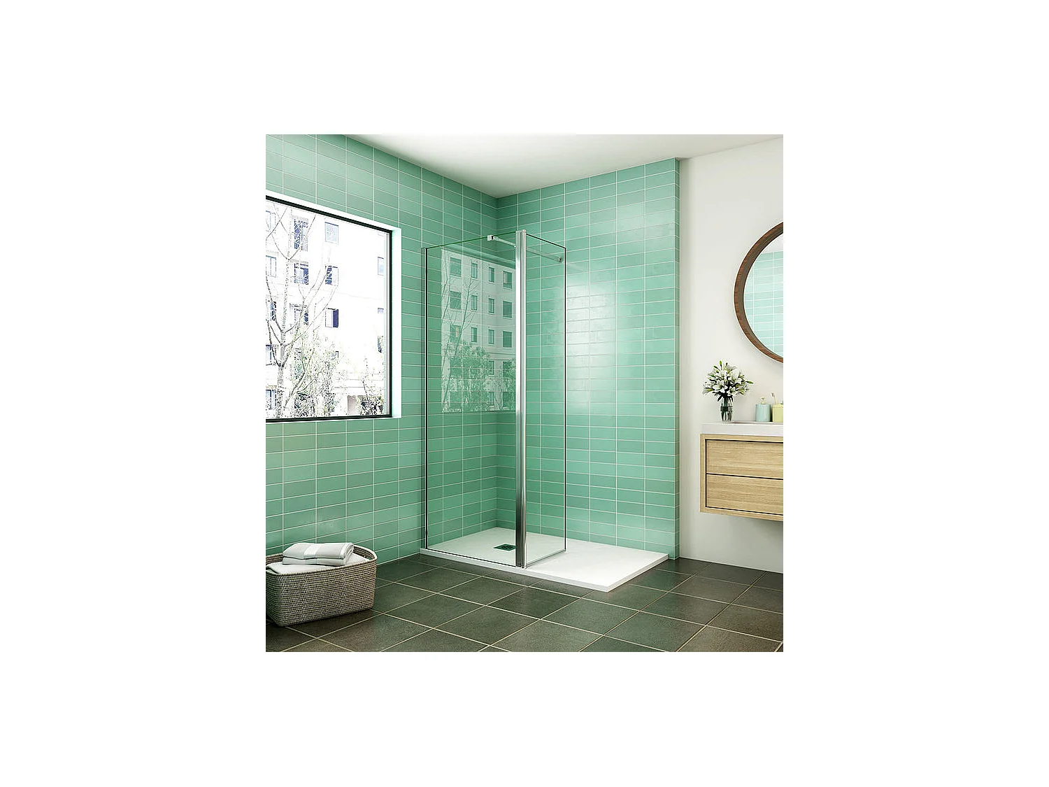 Paroi de douche à l'italienne 70x200cm avec retour pivotant 50x200cm - Verre securit - Avec barre de fixation 73-120cm en carré
