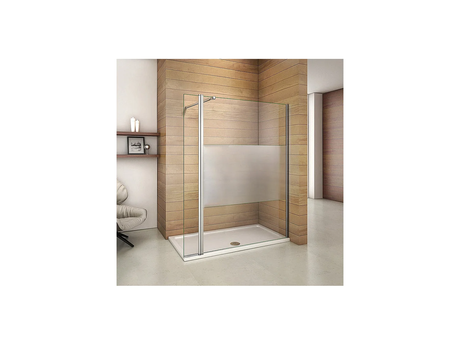 Paroi de douche à l'italienne verre dépoli au centre 90+40x200cm avec retour pivotant, avec barre de fixation 73-120cm
