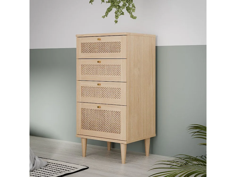 Rustieke eikenhouten ladekast met rieten fronten en gouden handvatten 50,4 x 41,4 x 108,8 cm
