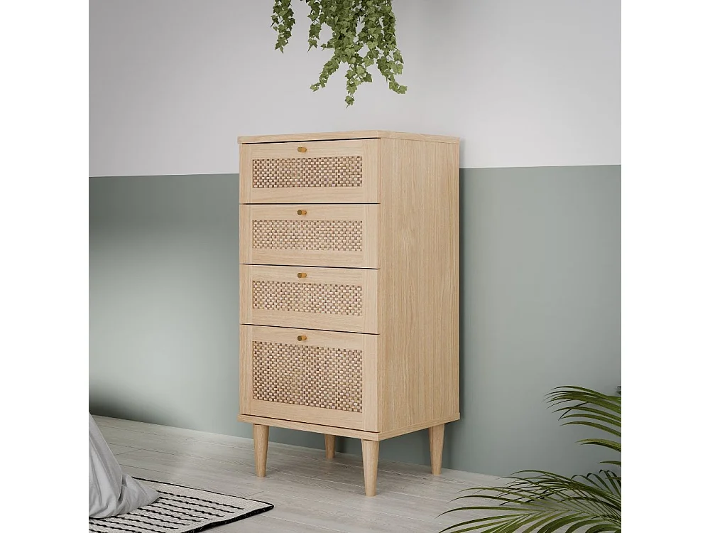Rustieke eikenhouten ladekast met rieten fronten en gouden handvatten 50,4 x 41,4 x 108,8 cm