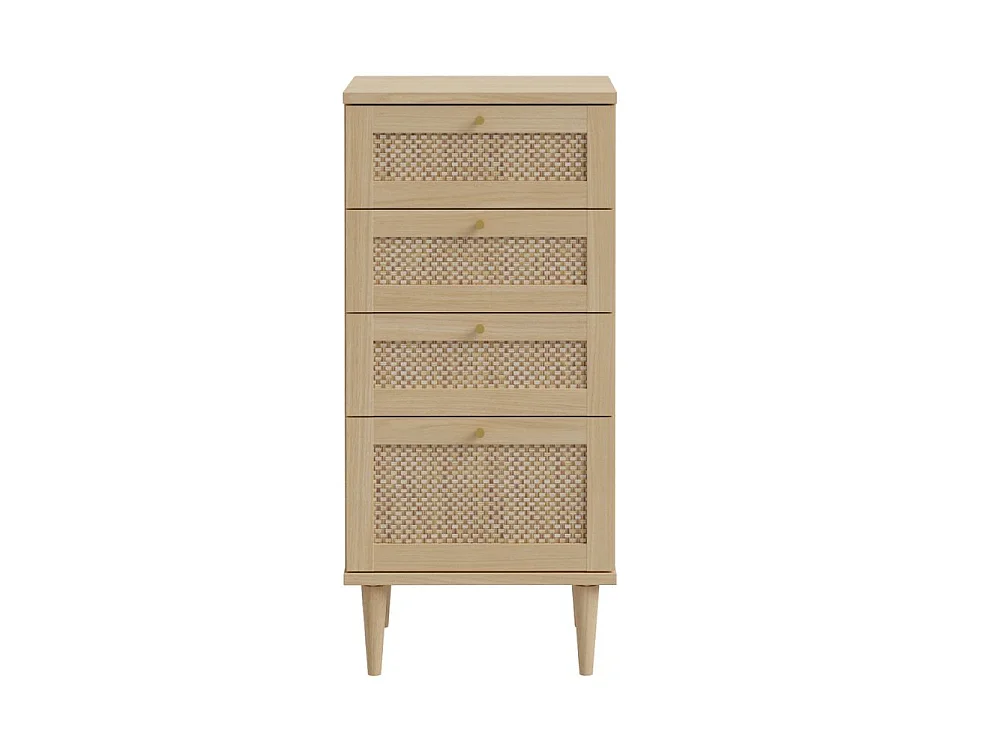 Rustieke eikenhouten ladekast met rieten fronten en gouden handvatten 50,4 x 41,4 x 108,8 cm