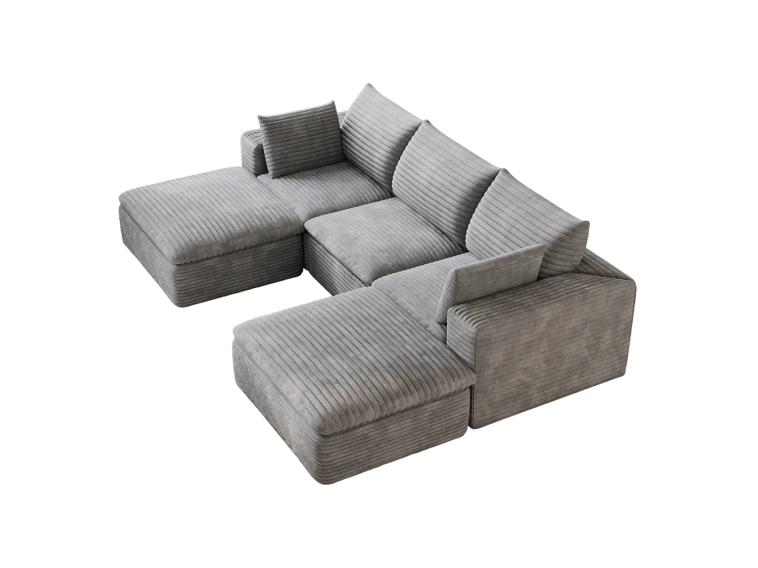 Modulaire 3-zits hoekbank met 2 voetenbanken en afneembaar zitkussen, ribfluweel, grijs