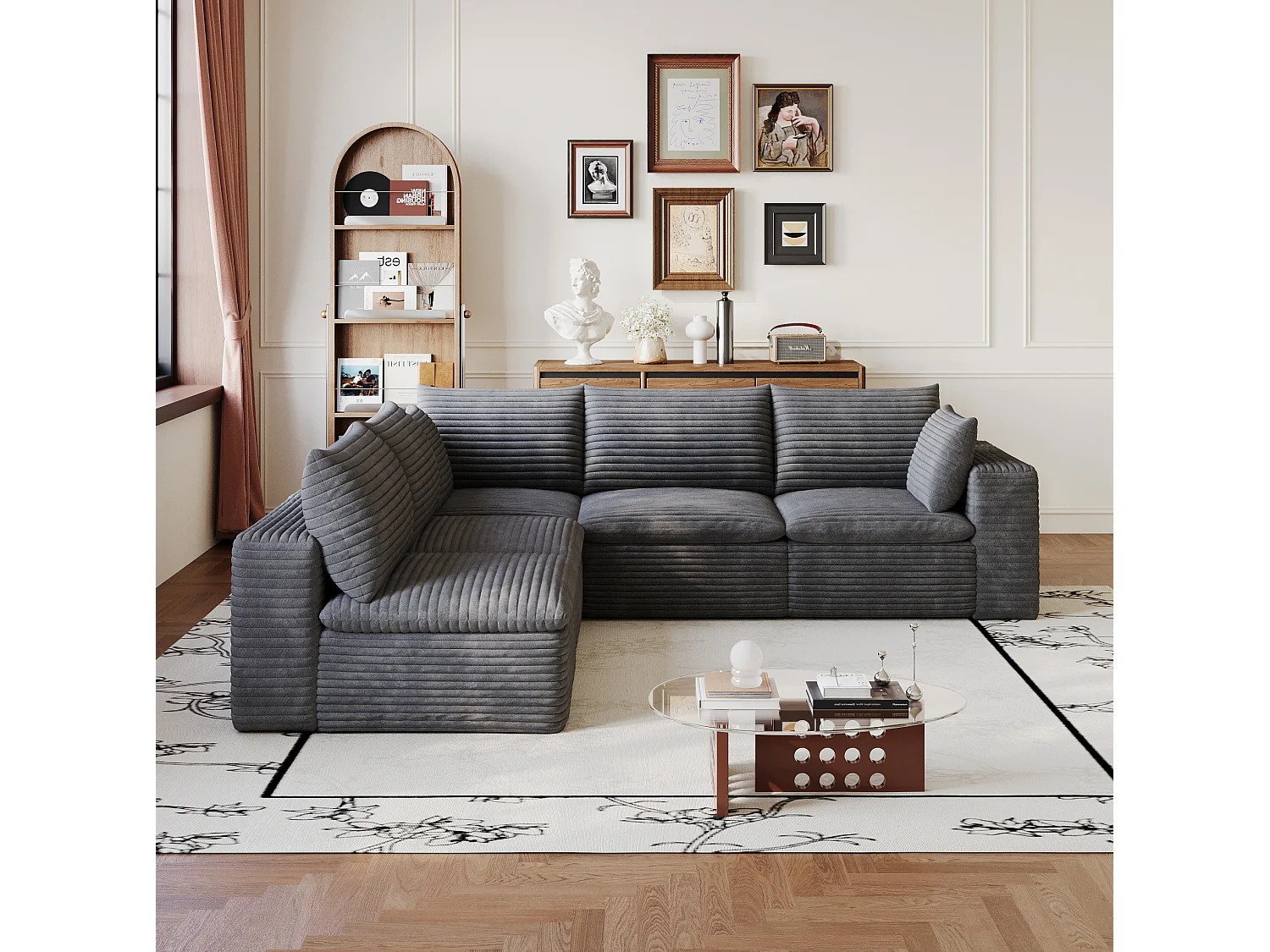 Canapé d'angle modulable 5 places avec coussin d'assise amovible, en velours côtelé, gris foncé