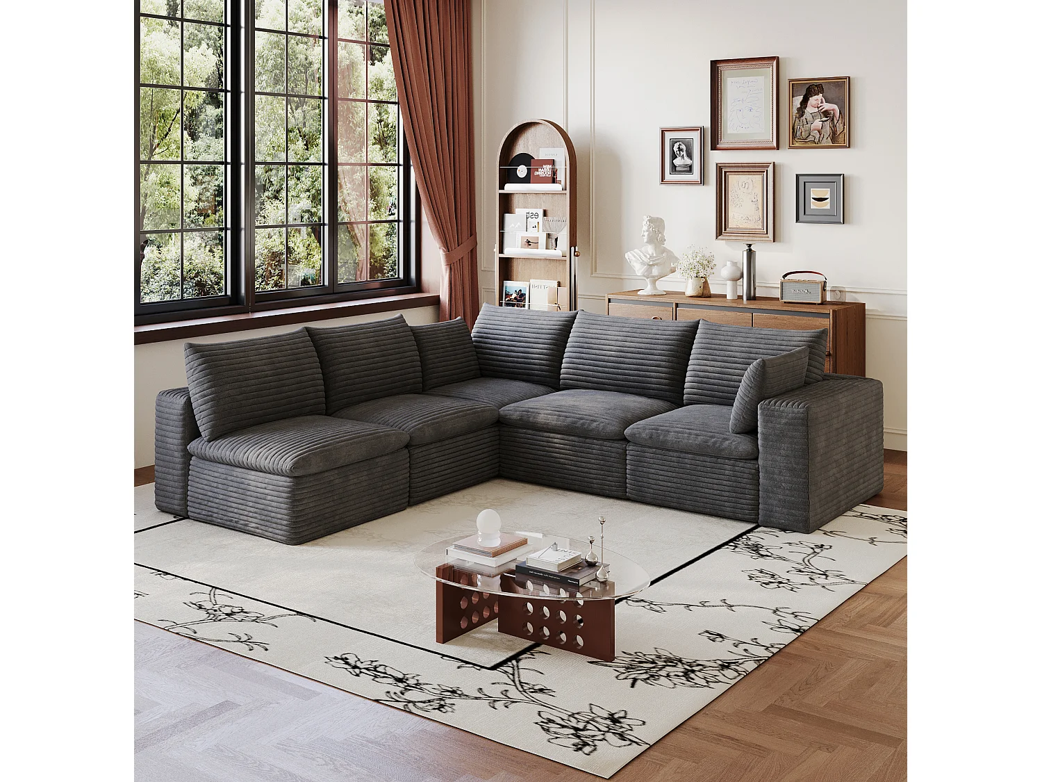 Canapé d'angle modulable 5 places avec coussin d'assise amovible, en velours côtelé, gris foncé
