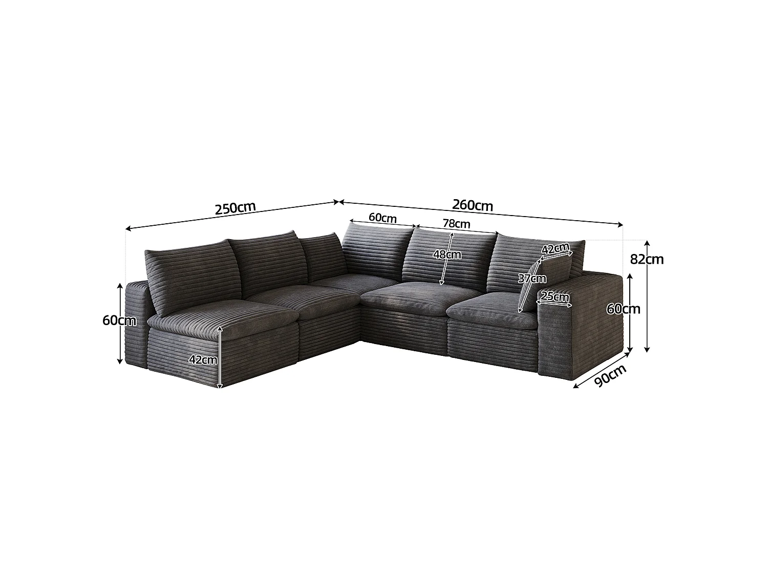 Canapé d'angle modulable 5 places avec coussin d'assise amovible, en velours côtelé, gris foncé