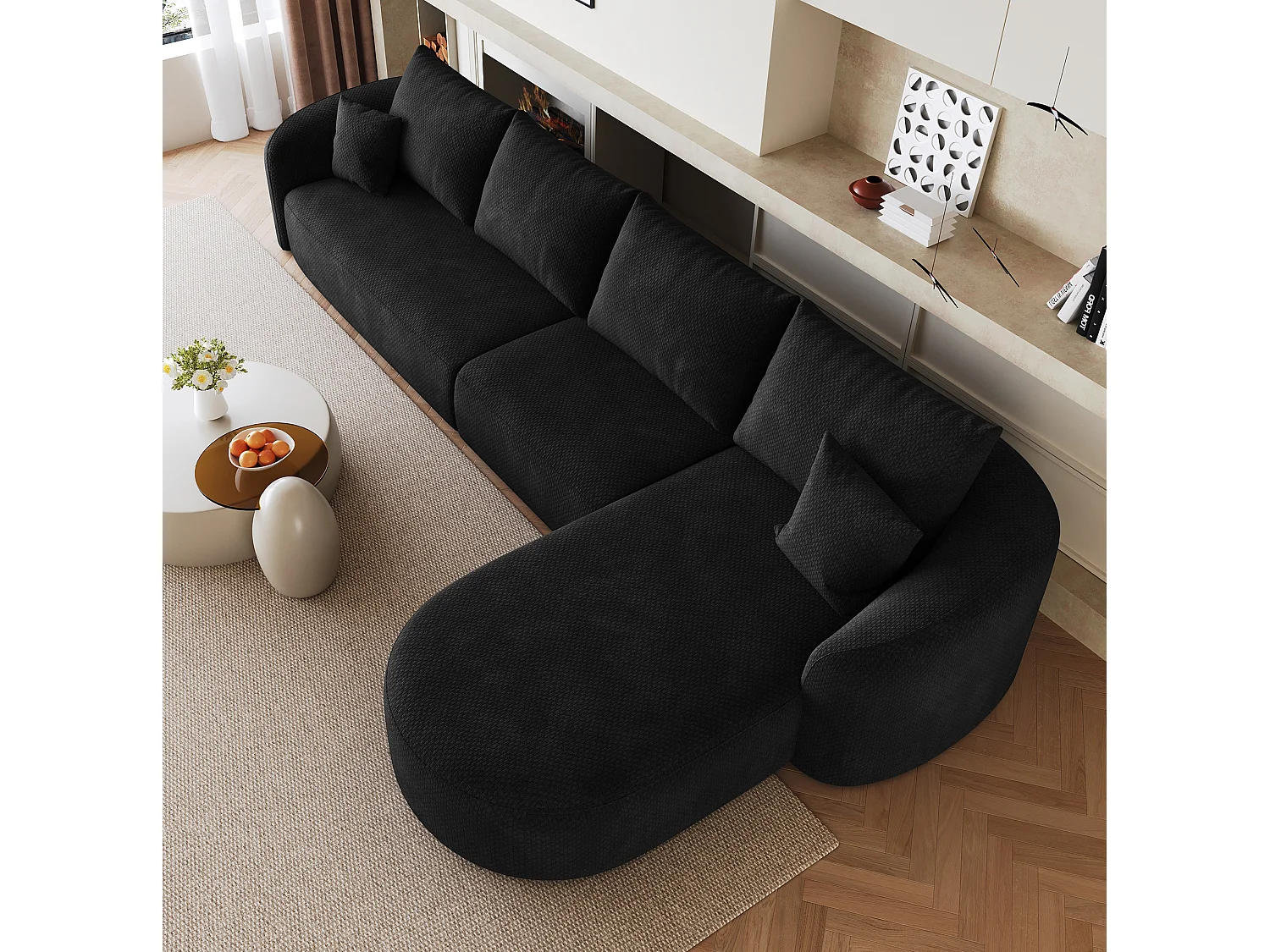 Modulaire 4-zits hoekbank, rechterhoek, stoffen bekleding, zwart, 336x168x85 cm