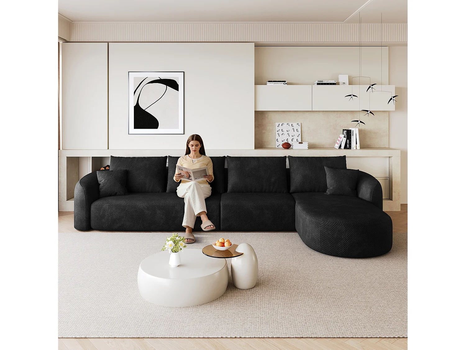 Modulaire 4-zits hoekbank, rechterhoek, stoffen bekleding, zwart, 336x168x85 cm
