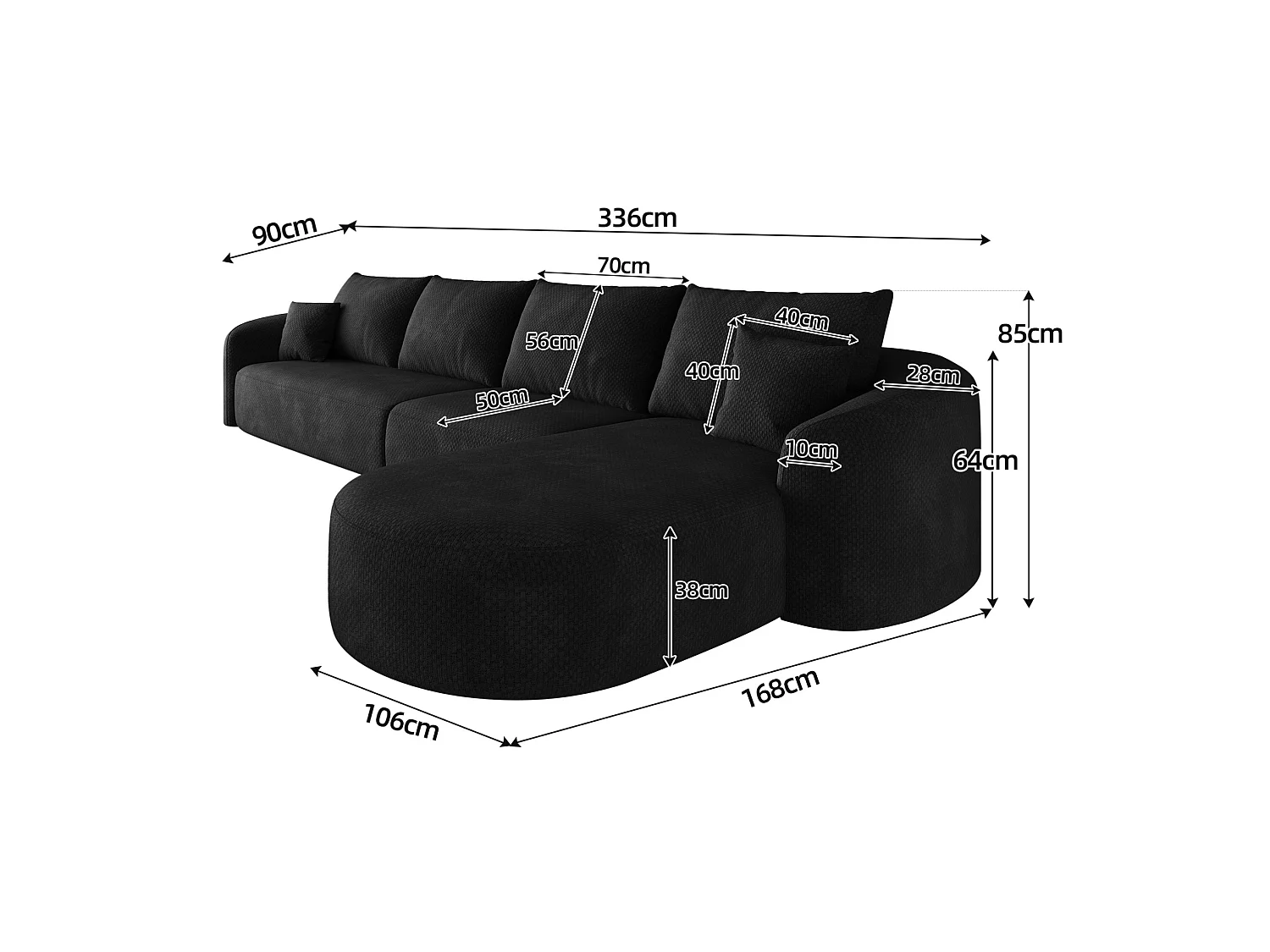 Modulaire 4-zits hoekbank, rechterhoek, stoffen bekleding, zwart, 336x168x85 cm