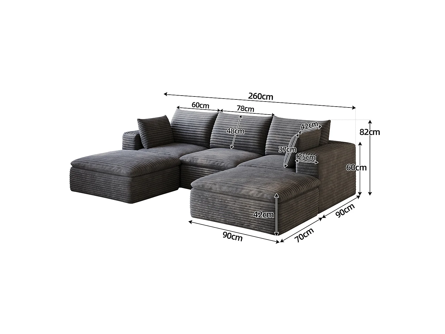 Modulaire 3-zits hoekbank met 2 voetenbanken en afneembaar zitkussen, ribfluweel, donkergrijs