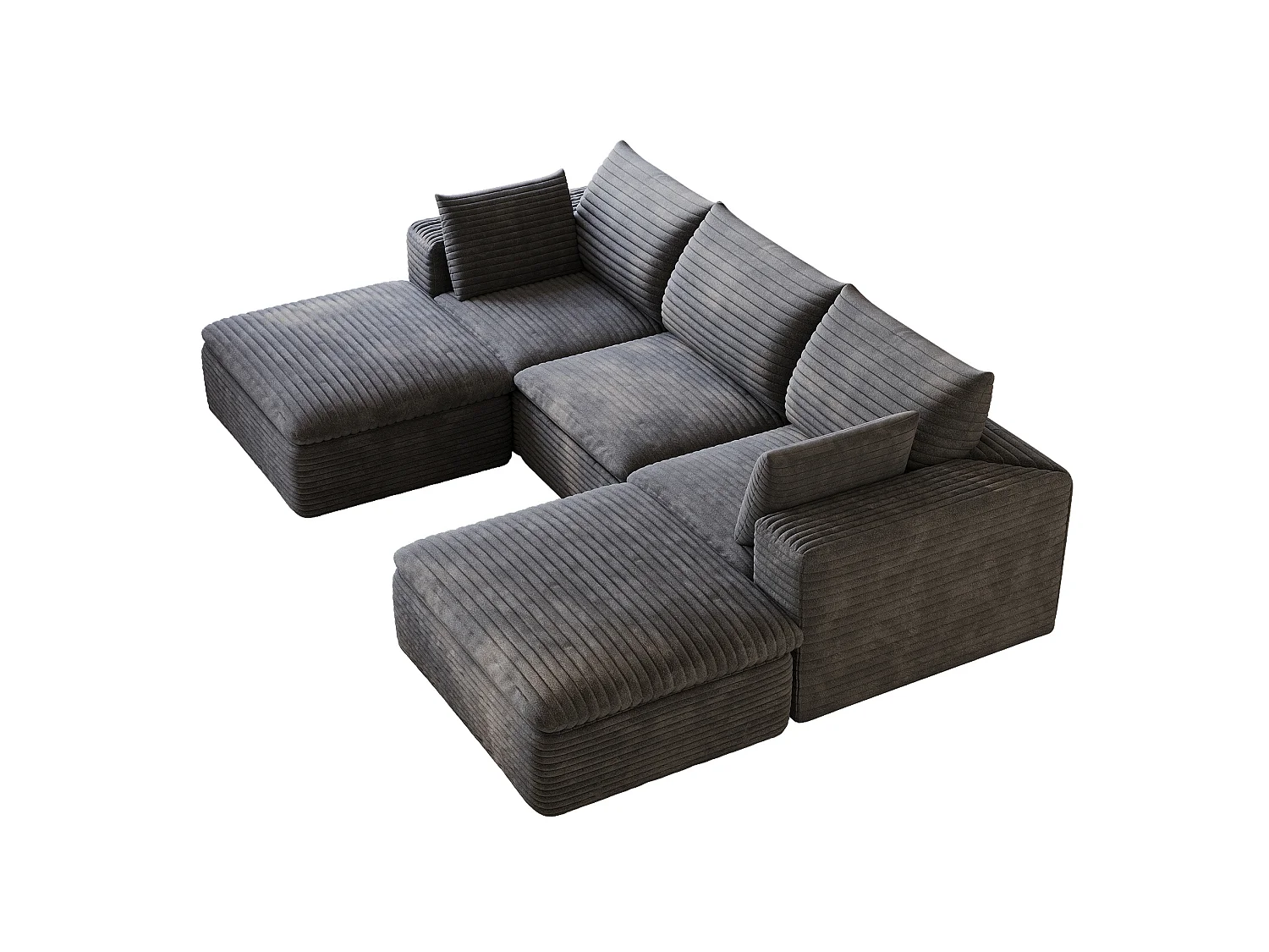Modulaire 3-zits hoekbank met 2 voetenbanken en afneembaar zitkussen, ribfluweel, donkergrijs