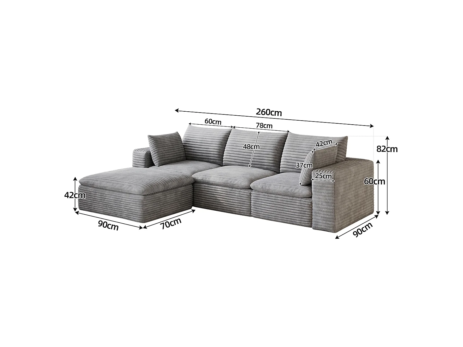 Modulaire 3-zits hoekbank met voetenbank en afneembaar zitkussen, ribfluweel, grijs