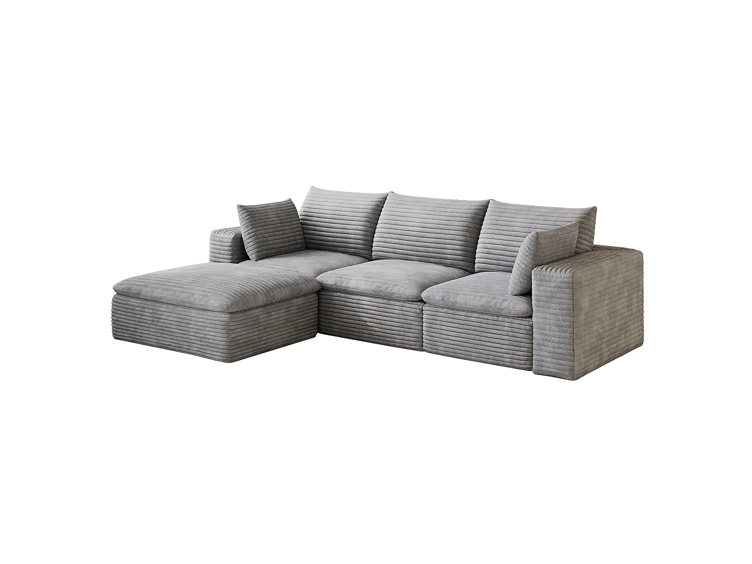 Modulaire 3-zits hoekbank met voetenbank en afneembaar zitkussen, ribfluweel, grijs