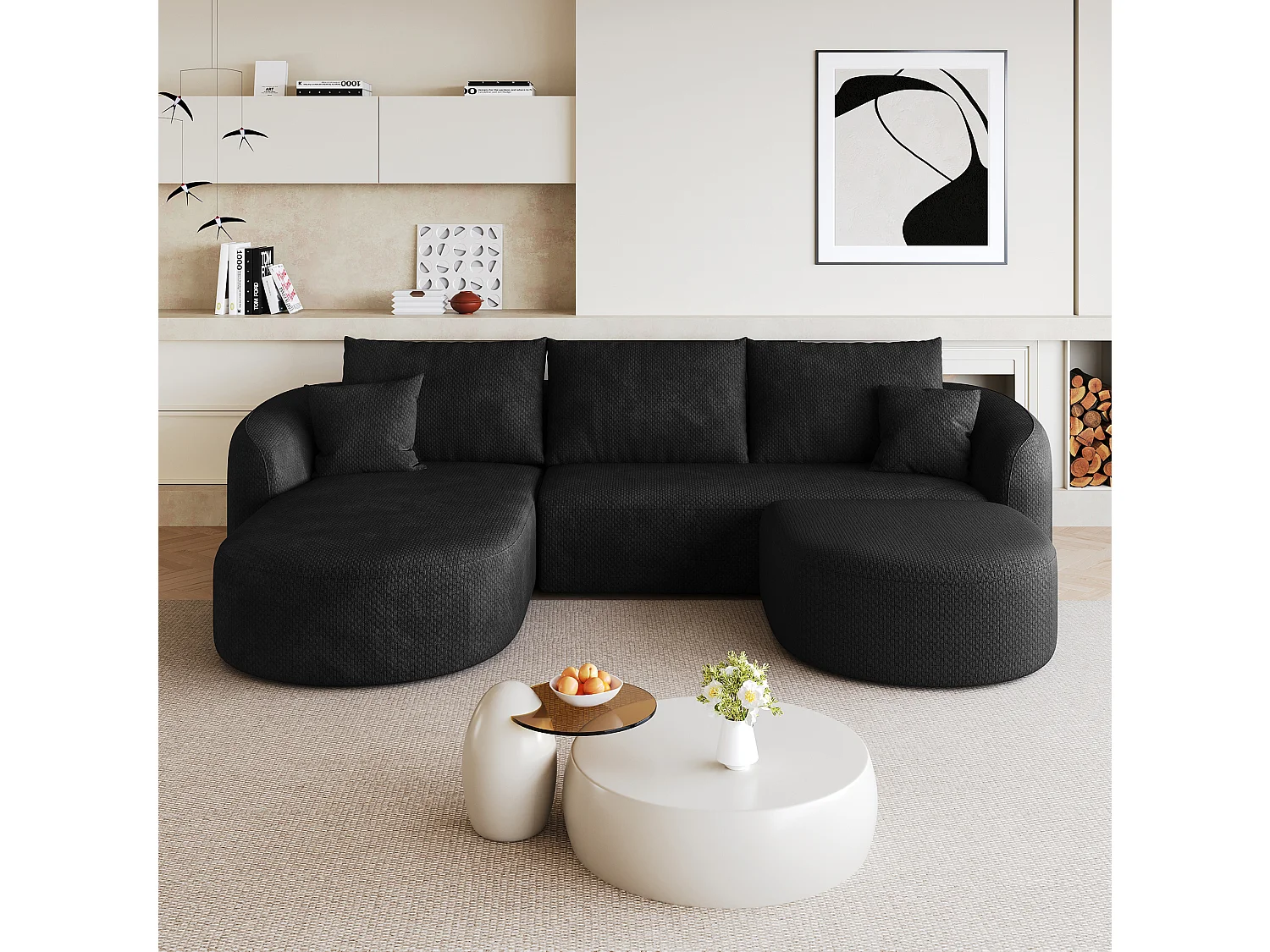 3-zits U-vormige hoekbank met voetenbank, linkerhoek, zonder montage, stoffen bekleding, zwart, 266x168x85 cm