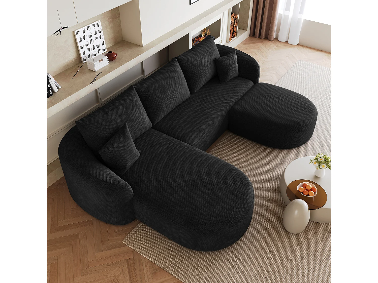 3-zits U-vormige hoekbank met voetenbank, linkerhoek, zonder montage, stoffen bekleding, zwart, 266x168x85 cm