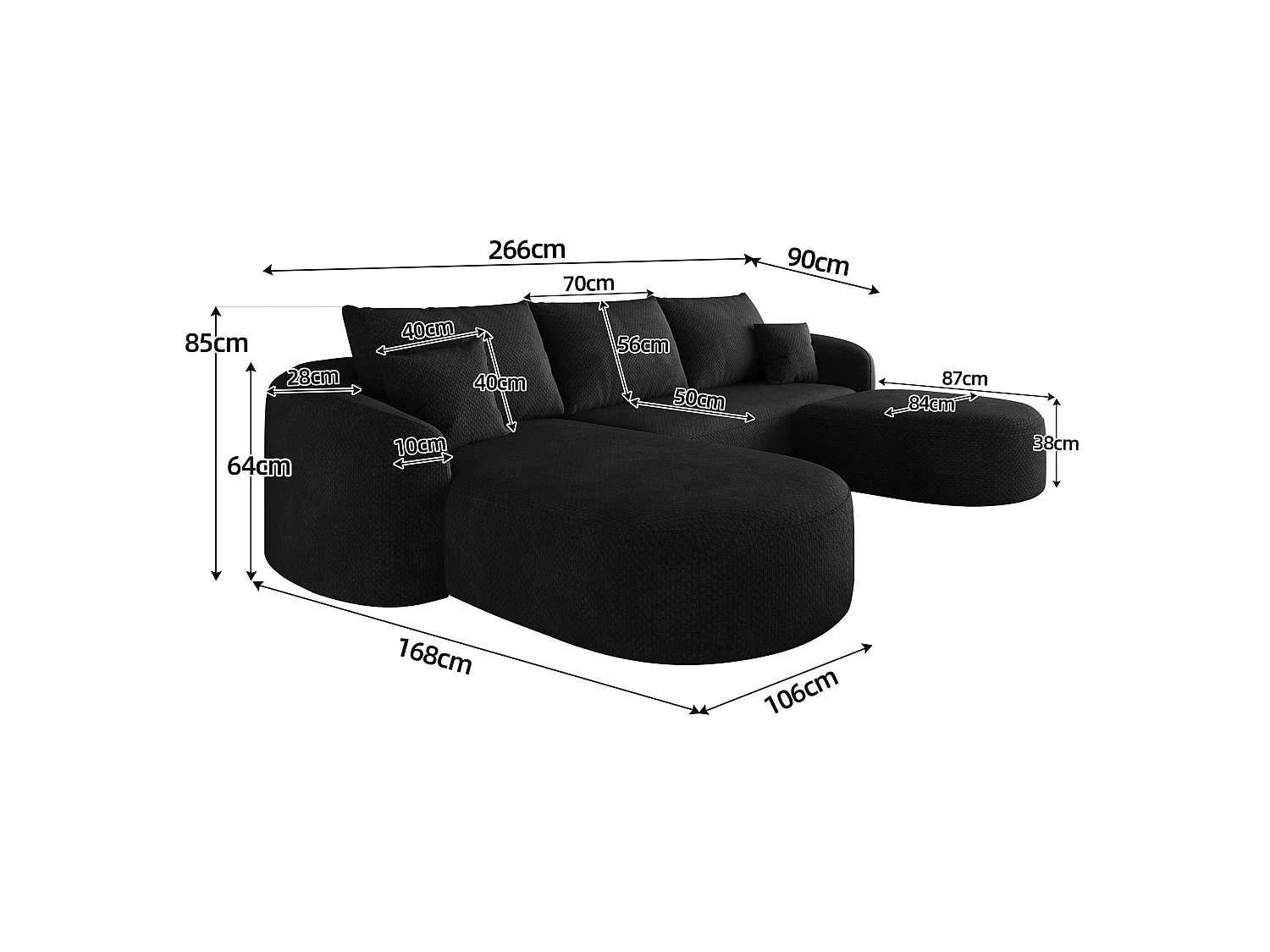 3-zits U-vormige hoekbank met voetenbank, linkerhoek, zonder montage, stoffen bekleding, zwart, 266x168x85 cm