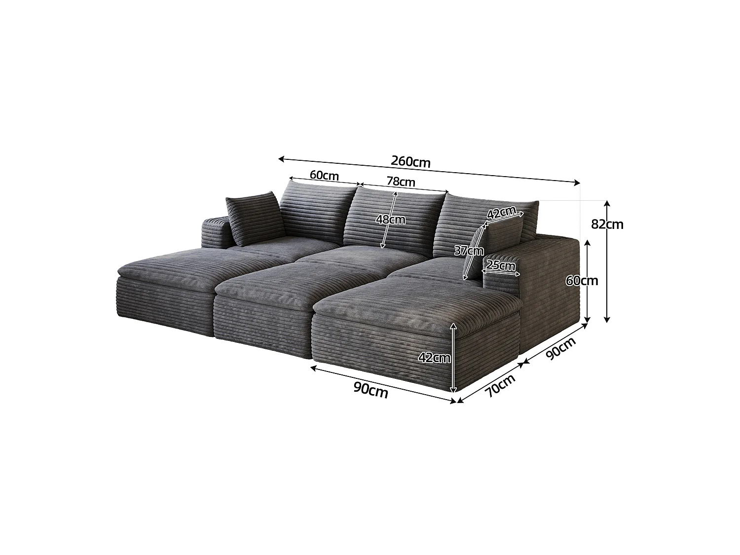 Modulaire 3-zitsbank met 3 voetenbanken en afneembaar zitkussen, ribfluweel, donkergrijs