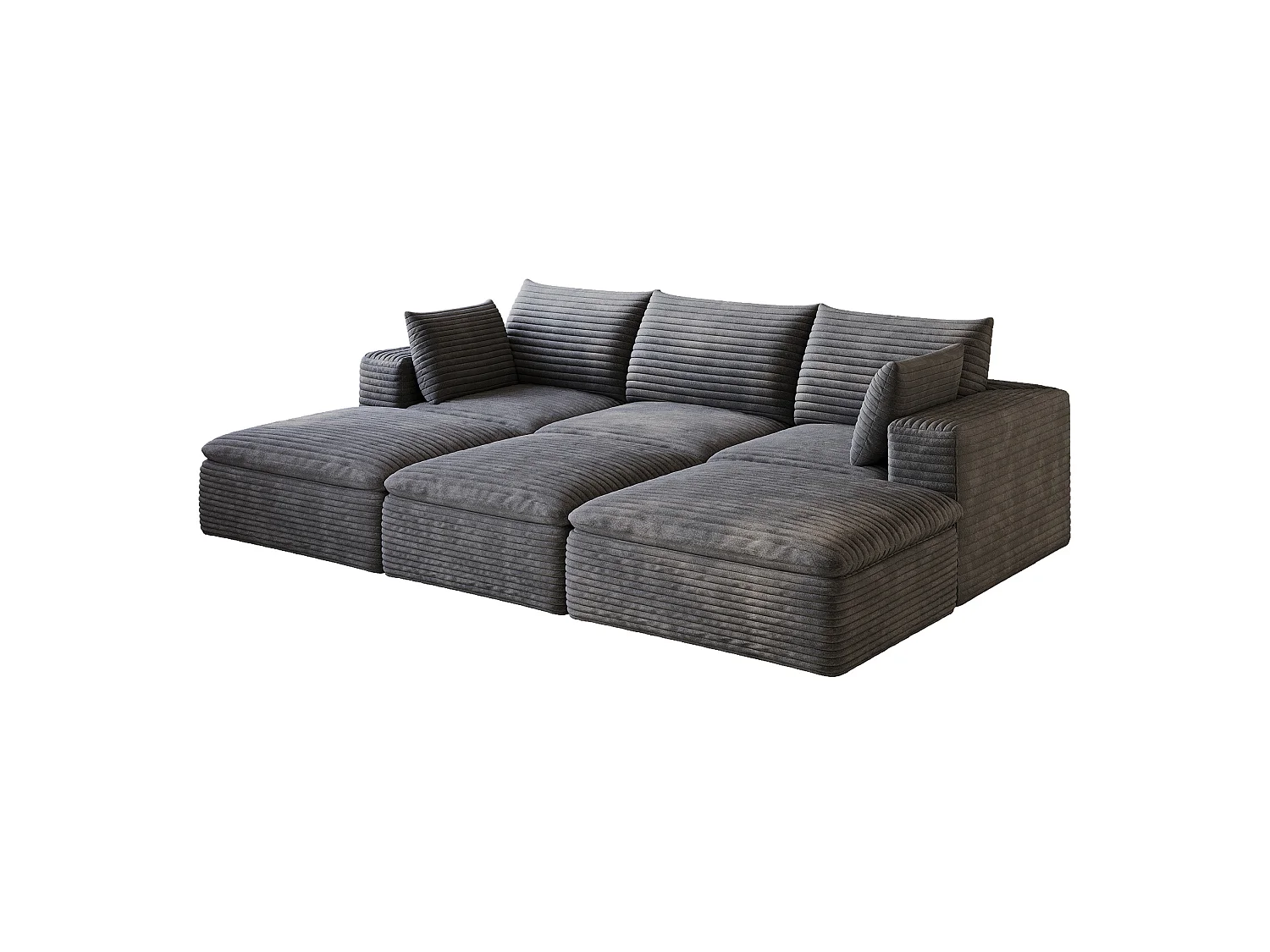 Modulaire 3-zitsbank met 3 voetenbanken en afneembaar zitkussen, ribfluweel, donkergrijs