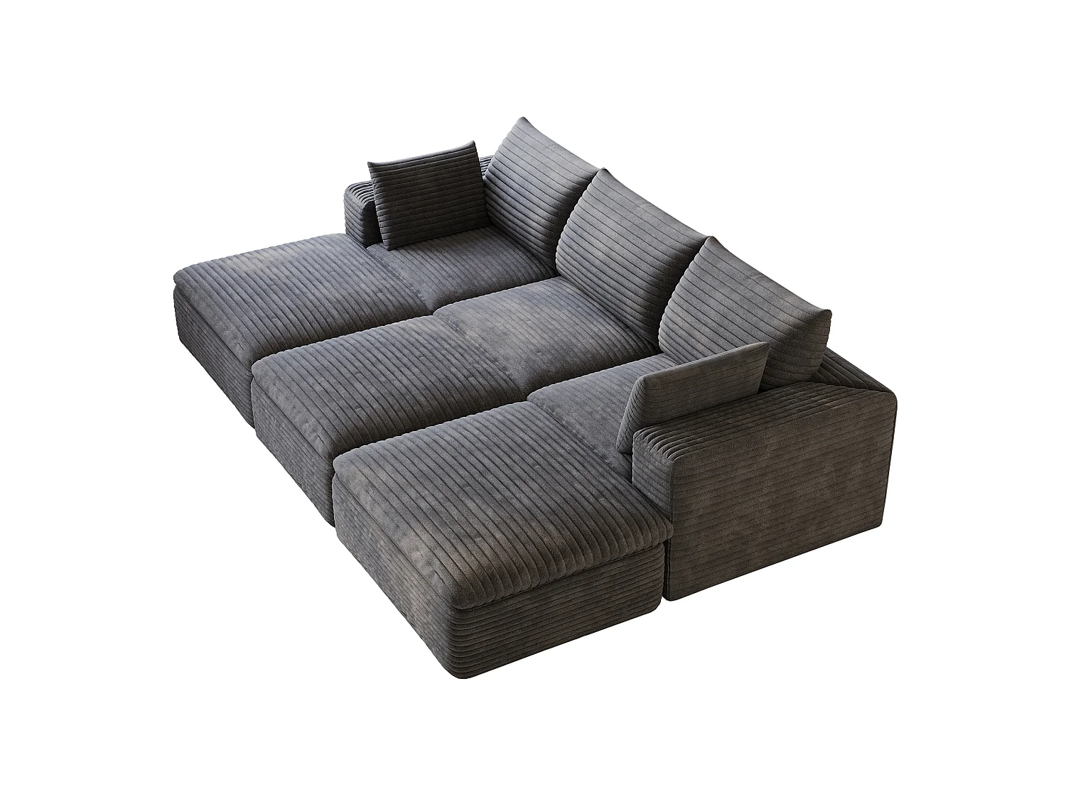 Modulaire 3-zitsbank met 3 voetenbanken en afneembaar zitkussen, ribfluweel, donkergrijs
